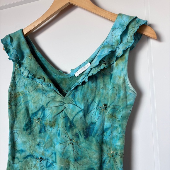 Y2K 2000s Floral Ruffle V-Neck Crop Tank Top – Turquoise Tie-dye – 90s RomCom - Picture 9 of 9
